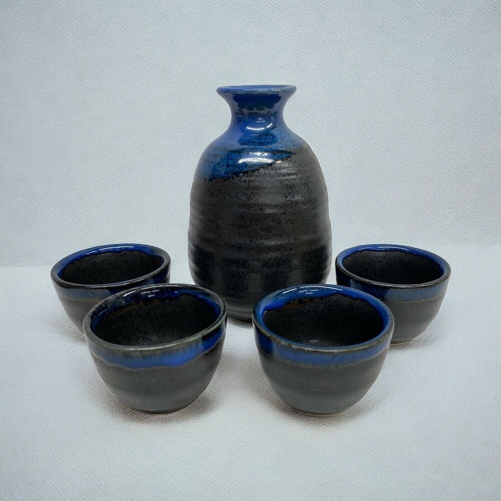 Set of 5 Japanese Sake Set Blue & Black Stoneware Pottery - Picture 1 of 10
